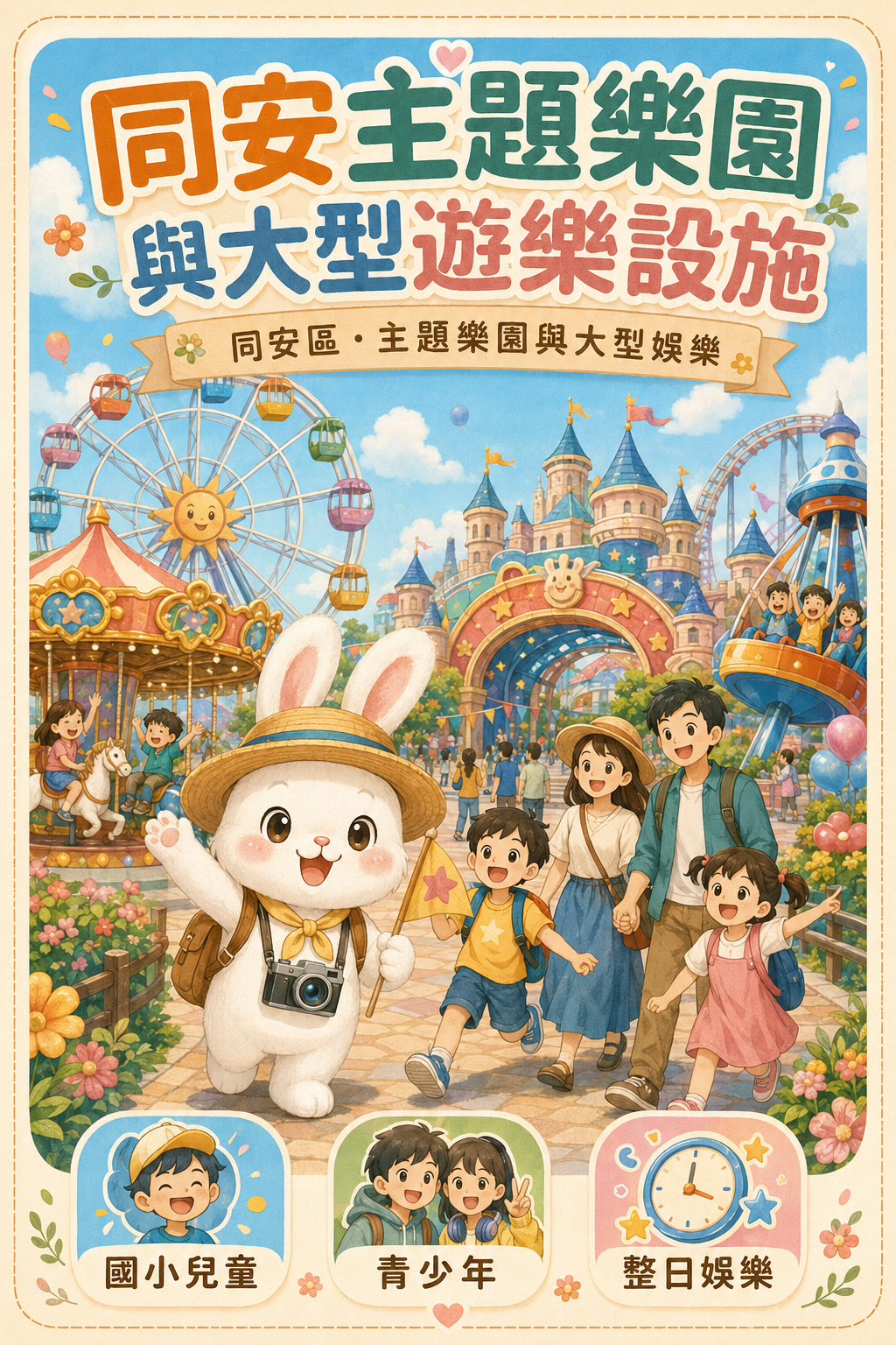 同安主题乐园与大型游乐设施亲子休闲插画