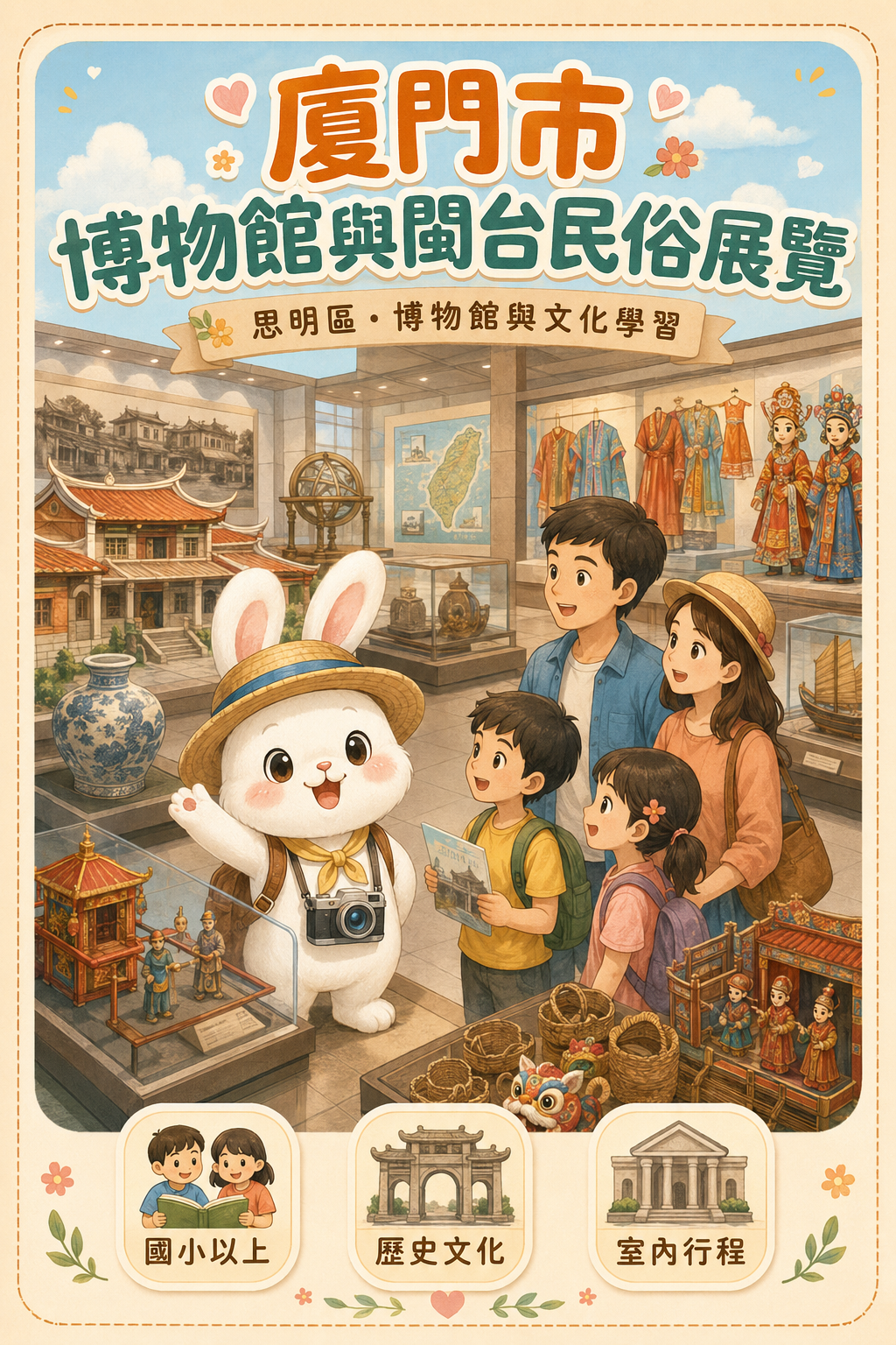 厦门市博物馆与闽台民俗展览亲子休闲插画