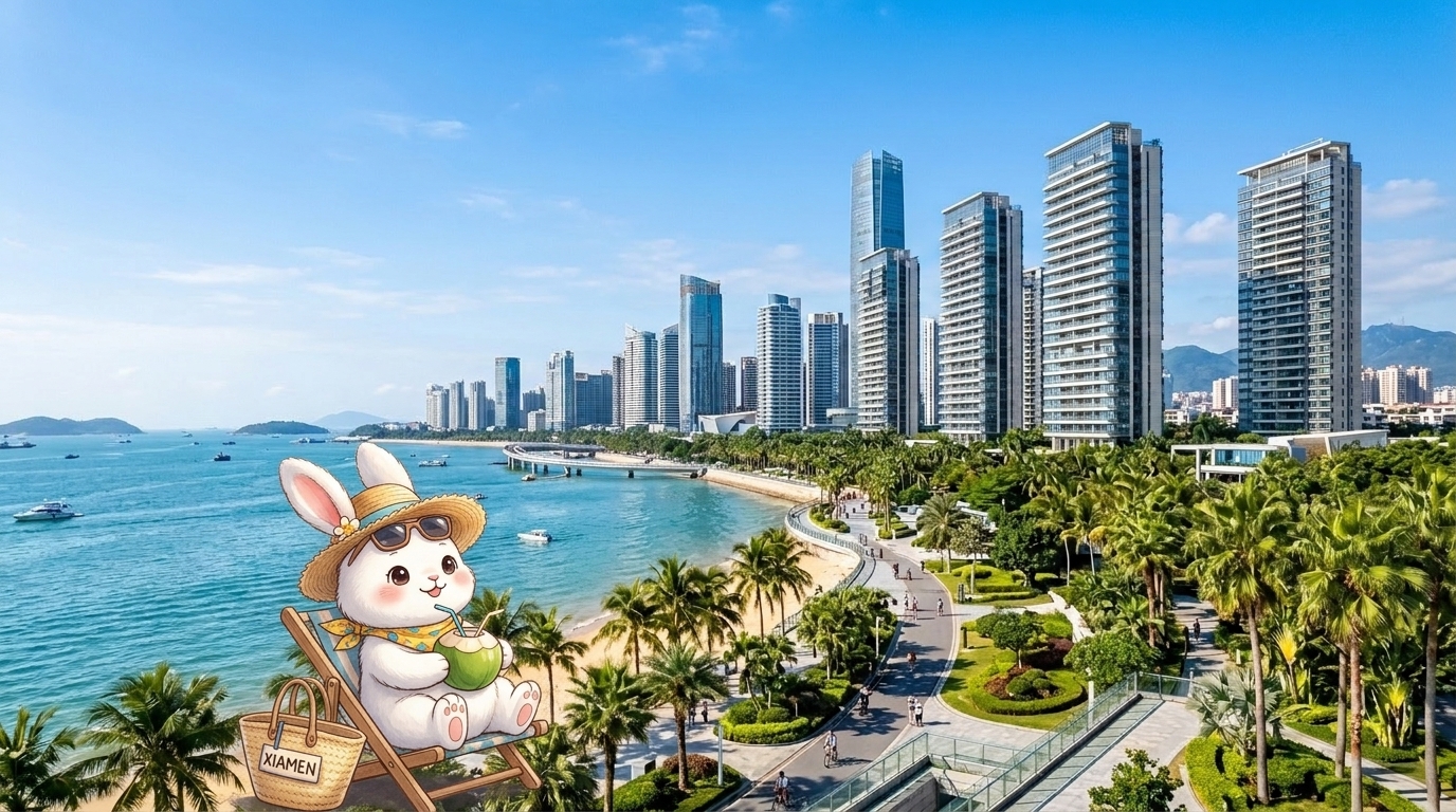 Rachel 绘制的厦门滨海住宅、海景绿带与旅行兔插画