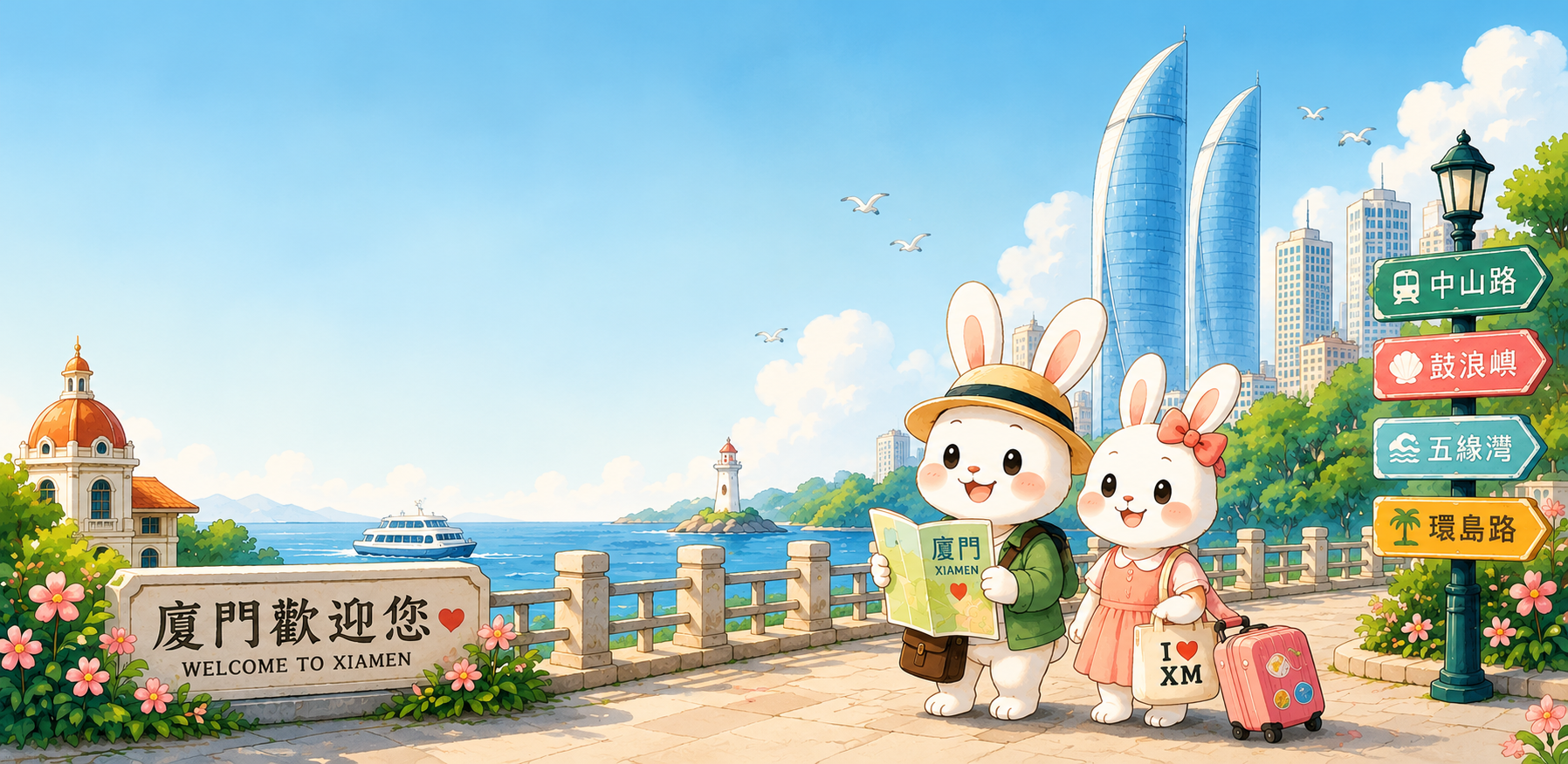 台胞在厦门生活的城市海岸情境插画
