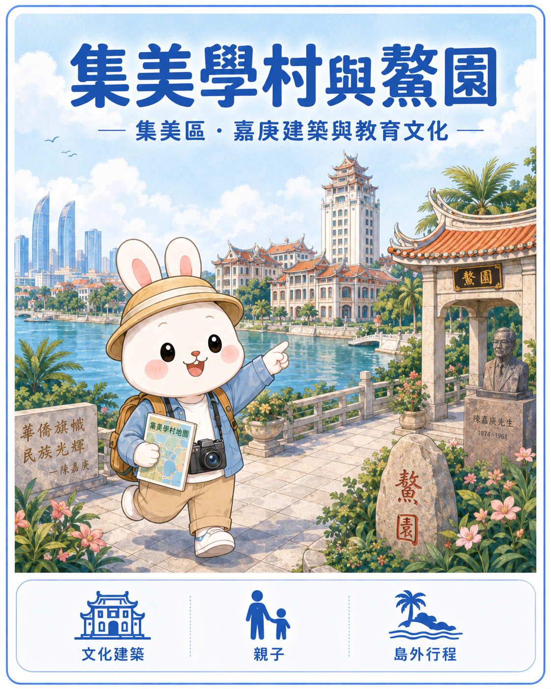 厦门城市与山海生活情境,作为集美学村与鳌园旅游介绍的版面图片
