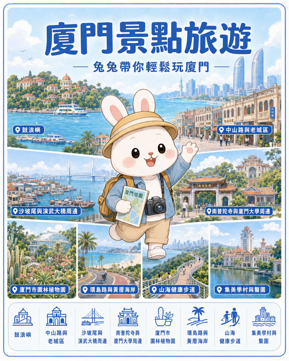 厦门景点旅游与八个推荐景点的 Rachel 原创插画