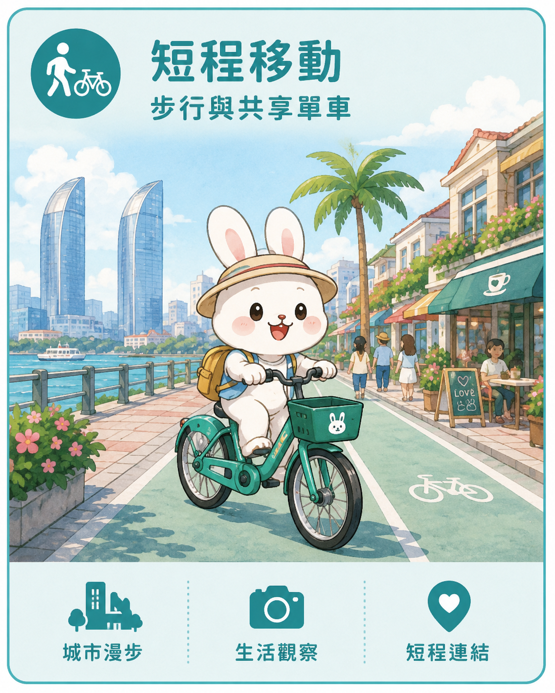 步行与共享单车与厦门城市交通情境示意