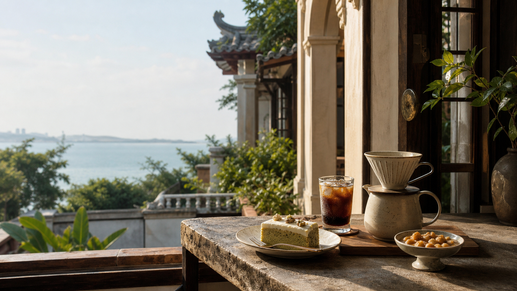 厦门海景老宅中的咖啡、茶香蛋糕与花生甜点情境